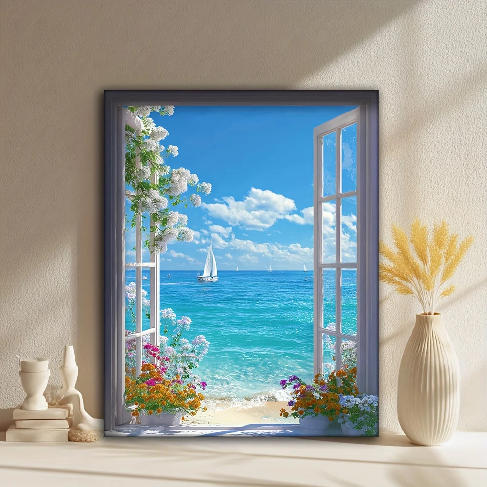 Canvas Print of an Open Window Featuring a Sea View, Depicting a Beach And Sailboat, Art Piece, Home Living Room Decor, No Fram