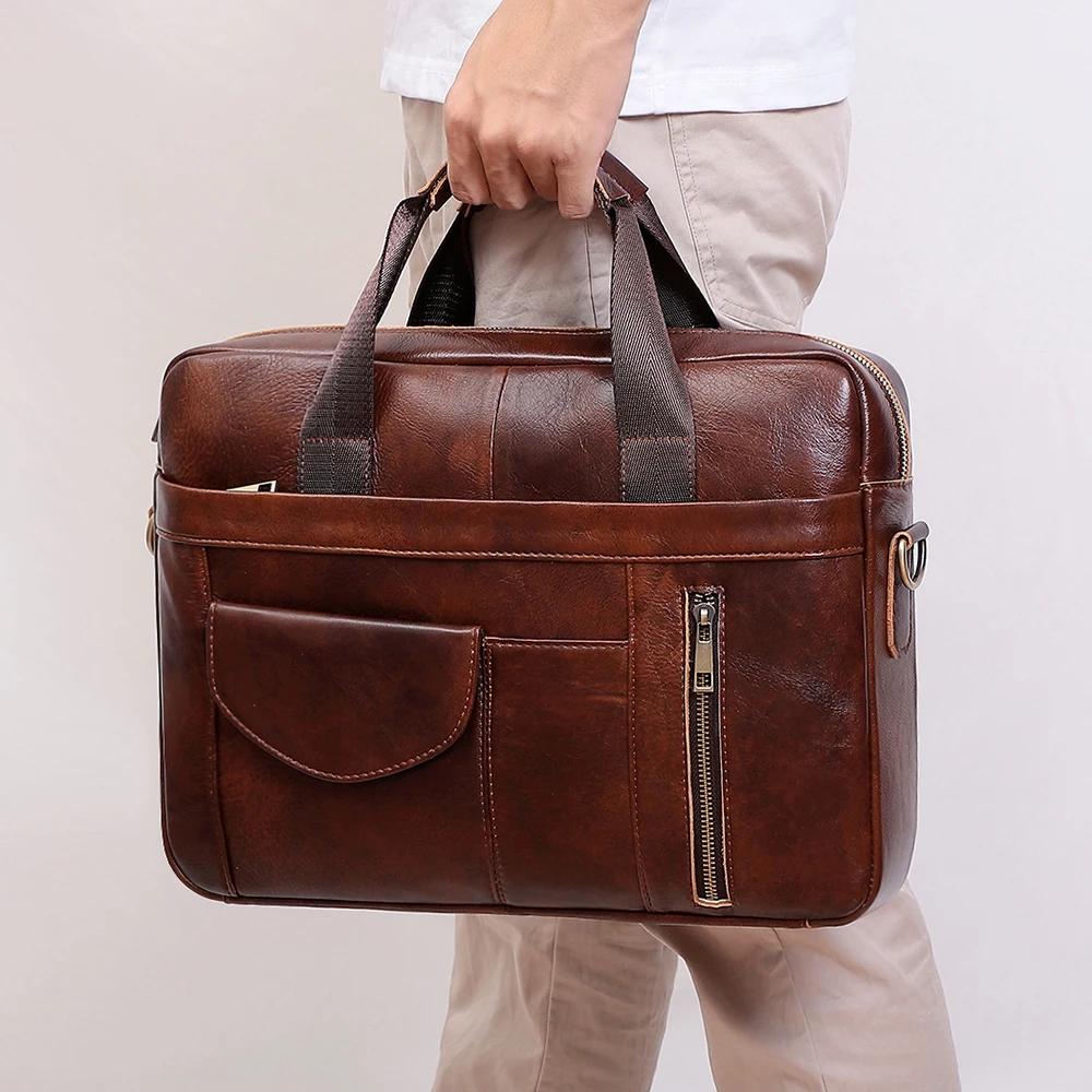  Genuine Leather Laptop Briefcase for Men Retro Travel Messenger Bags 15.6 Inch High Capacity Computer Shoulder Bag