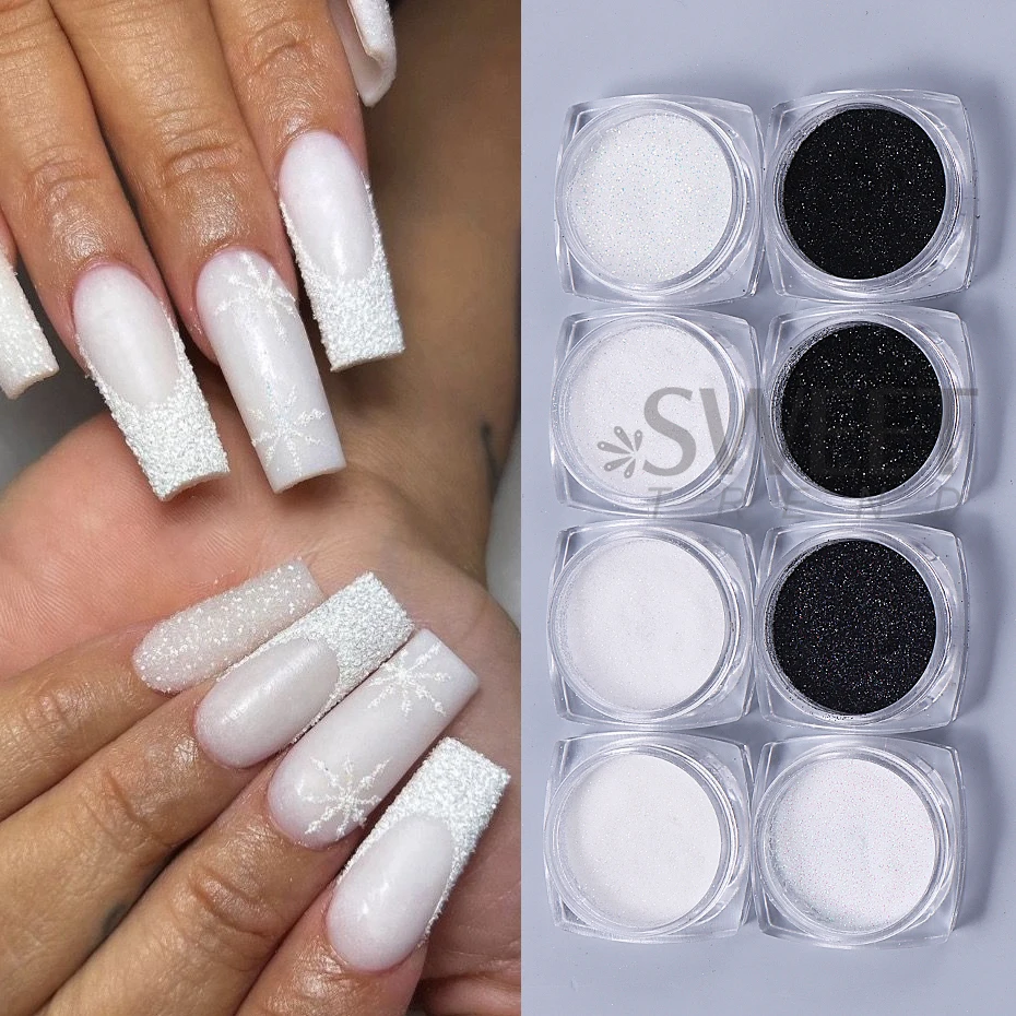 8 colores negro blanco brillo de uñas polvo de inmersión pigmento brillante polvo láser azúcar arte de uñas lentejuelas brillos decoraciones de manicura