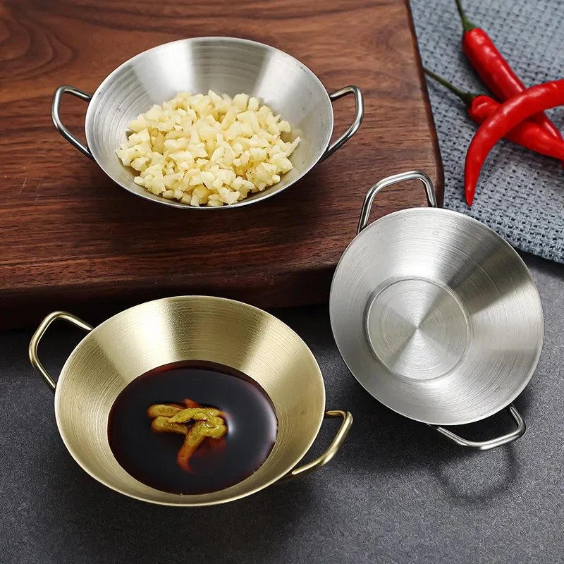 2pcs Stainless Steel Seasoning Dish with Double Ear Gold Silver Saucer Dipping Bowl Vinegar Soy Dish Kitchen Accessories