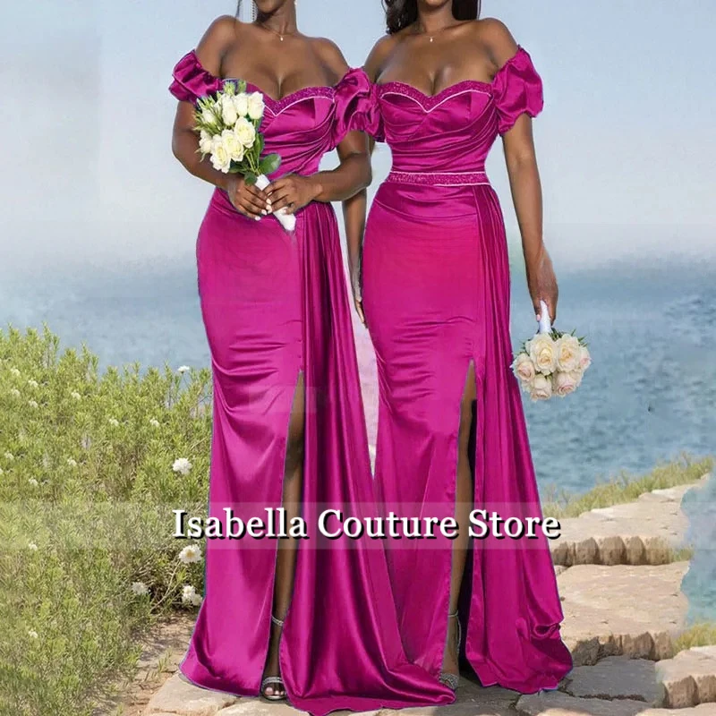 Customized Mermaid Bridesmaid Dresses With Short Sleeves Beaded Off Shoulder Side Slit Long Waistline Cap Wedding Party Dress