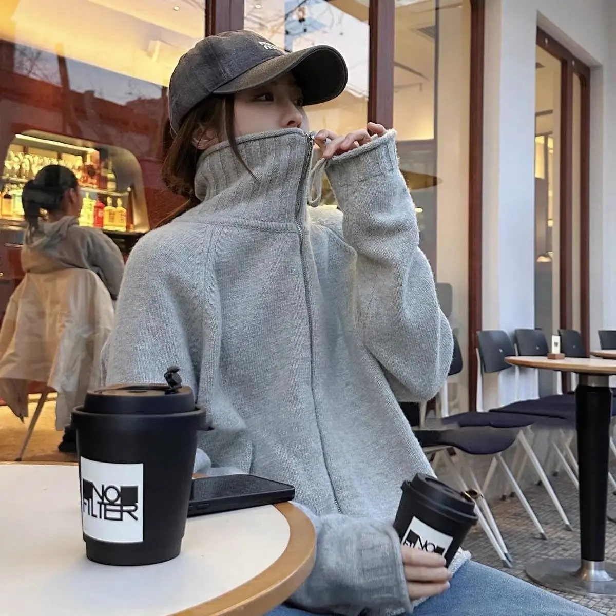 Matin Kim Fashion High Neck Letter Jacquard Sweater, Warm Knit Cardigan Coat for Women