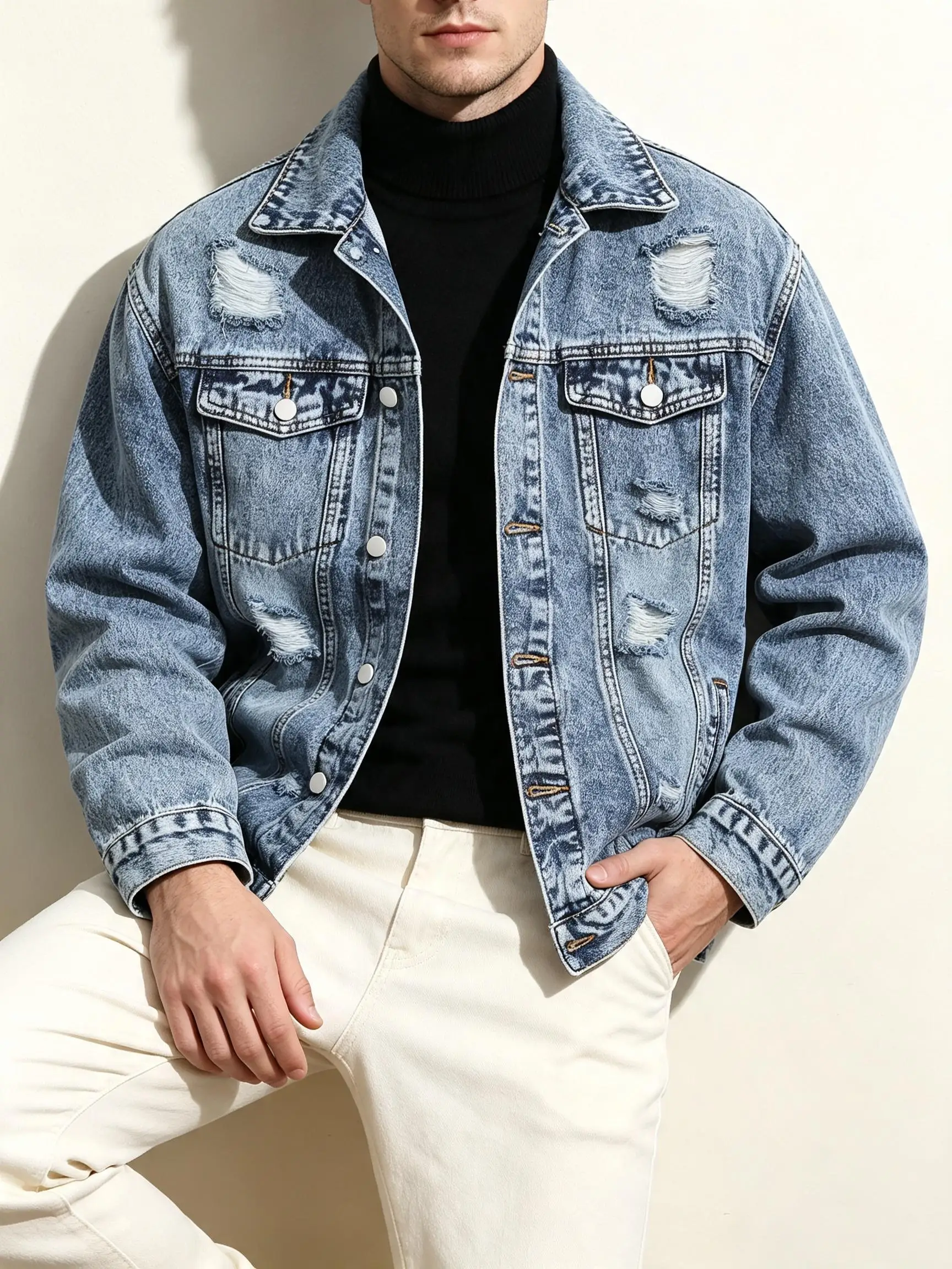 Trendy Two-Tone Lightweight Denim Jacket Men, Color Block Street Style Thin Coat, Fashion Contrast Design, Bold Gift for Lover