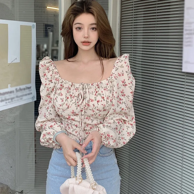 Blouses Women Slim Floral Print Lantern Sleeve Elegant Female Temperament Schoolgirls Spring All-match Leisure Holiday Clothes