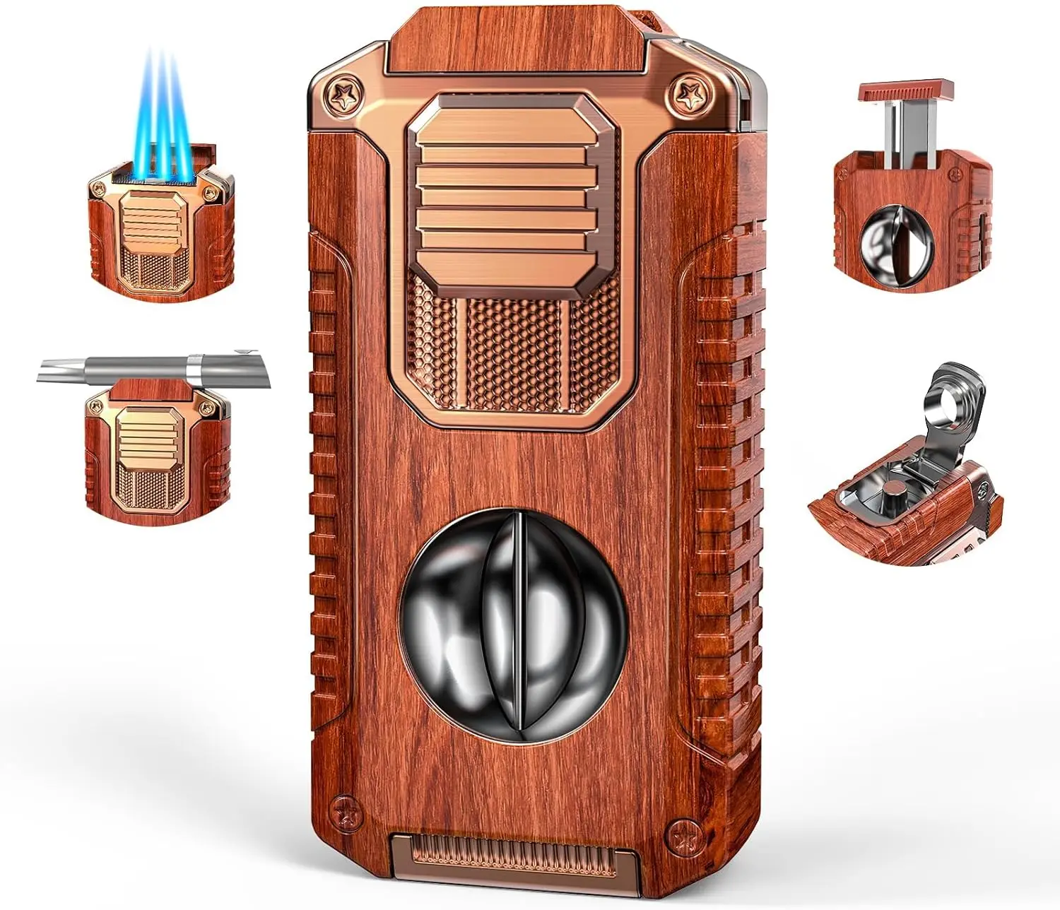 

Triple Torch Lighter with V Cutter, Holder, Punch & Draw Enhancer, Adjustable Jet Flame, Refillable Gift for Men in Mahogany