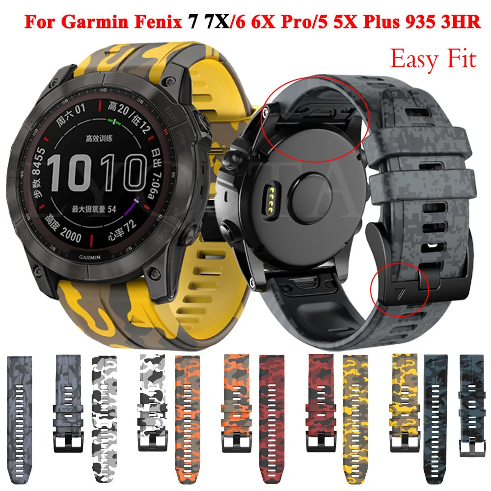 22 26mm camuflagem impressão silicone cinta de substituição para garmin fenix 6 6x pro 5xplus 3hr 935/fenix7 7x quickfit pulseira