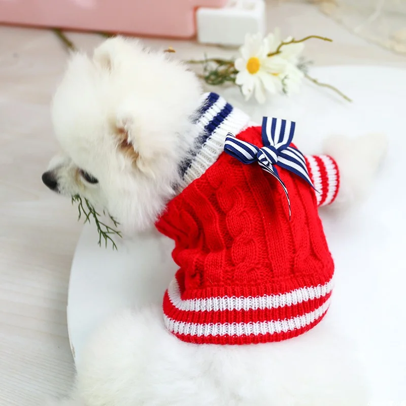 1PC Pet Clothing Cat Autumn and Winter Thickened Warm Soft Red Bow Knitted Elastic Sweater Suitable for Small and Medium Dogs