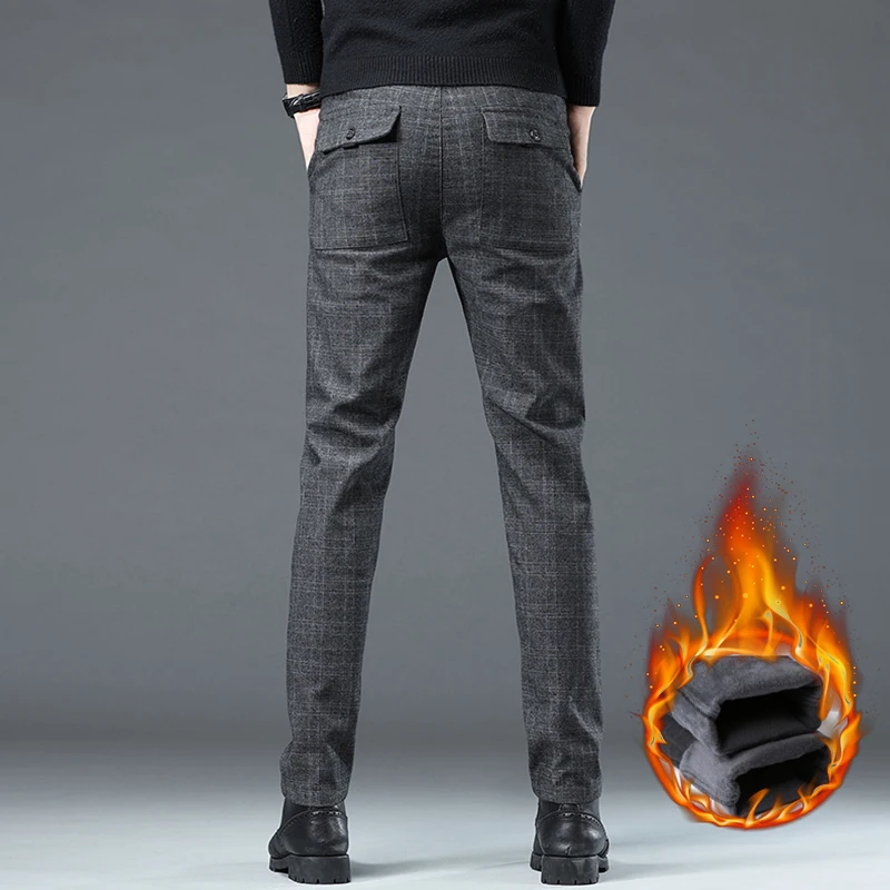 Winter Warm Fleece Plaid Pants Men Straight Fashion Slim Thick Velvet Brand Formal Black Blue Grey Fluff Villus Casual Trousers