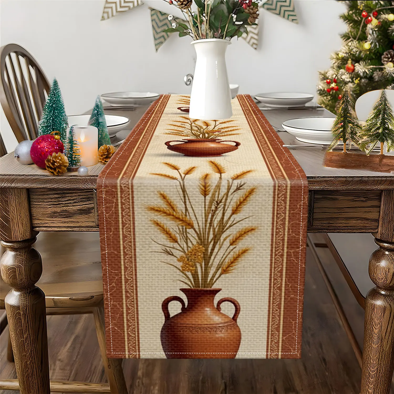 1 Piece of Vintage-Themed Table Runner with a Design of Ceramic Pots and Wheat Ears, Suitable for Pastoral Restaurants, Autumn Harvest Parties, and Home Decor Scenes.