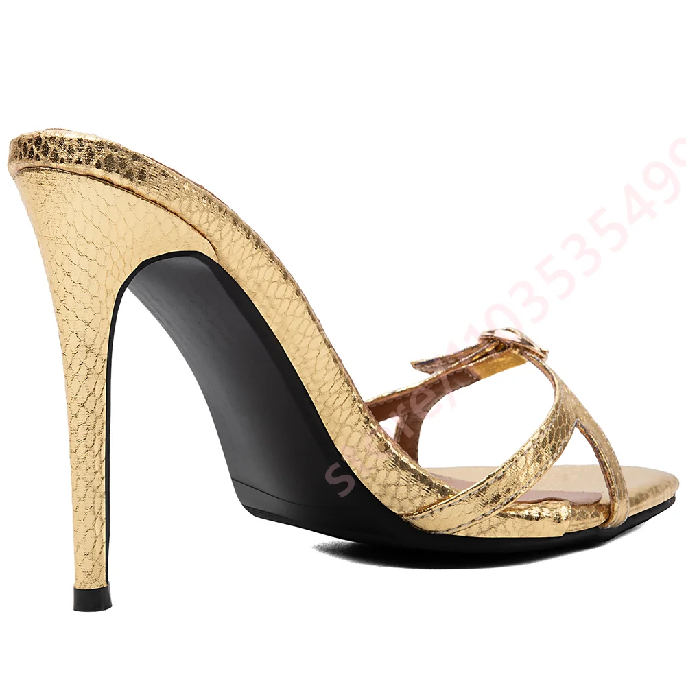 Women Gold Snake Print Mule Sandals 2026 Open Toe Metal Ring Buckle Thin Strap Slip‑On Stiletto Evening Party Dress Slipper Shoe view 6