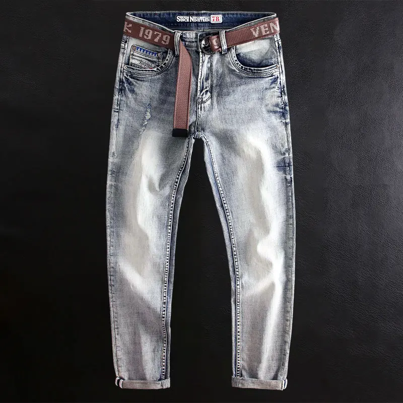 

Newly Designer Fashion Men Jeans Retro Washed Blue Stretch Slim Fit Ripped Jeans Men Vintage Trousers Printed Denim Pants Hombre