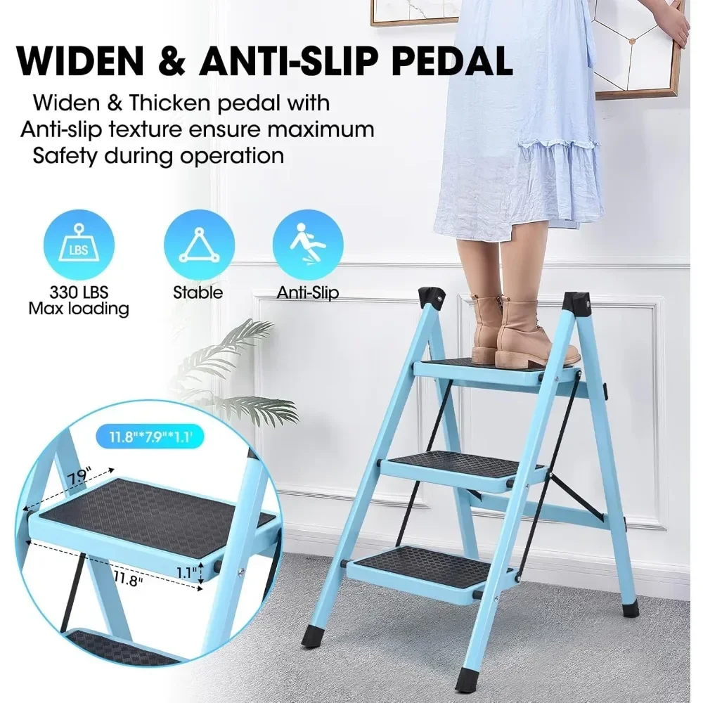 3 Step Ladder, Folding Step Stool for Adults, Lightweight Aluminum Step Ladder, Portable 330 LBS Capacity Ladders