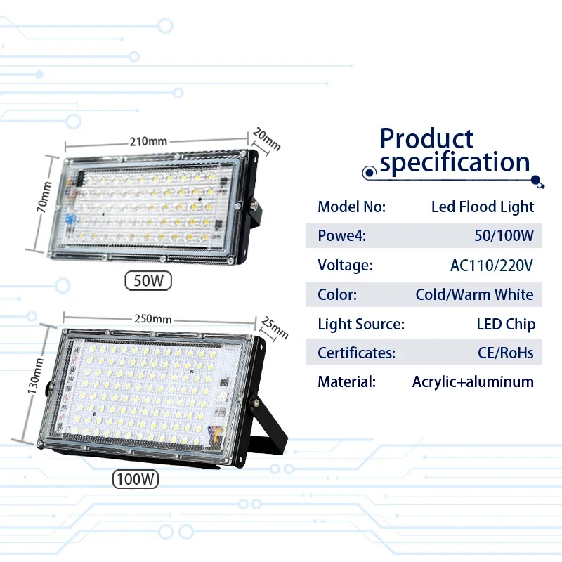 Imagem -02 - Conduziu a Luz de Inundação 50w 100 Ip65 à Prova Impermeável Água ao ar Livre Led Refletor Luz Jardim Lâmpada ac 220v 110v Spotlight Iluminação Rua Peças Lote