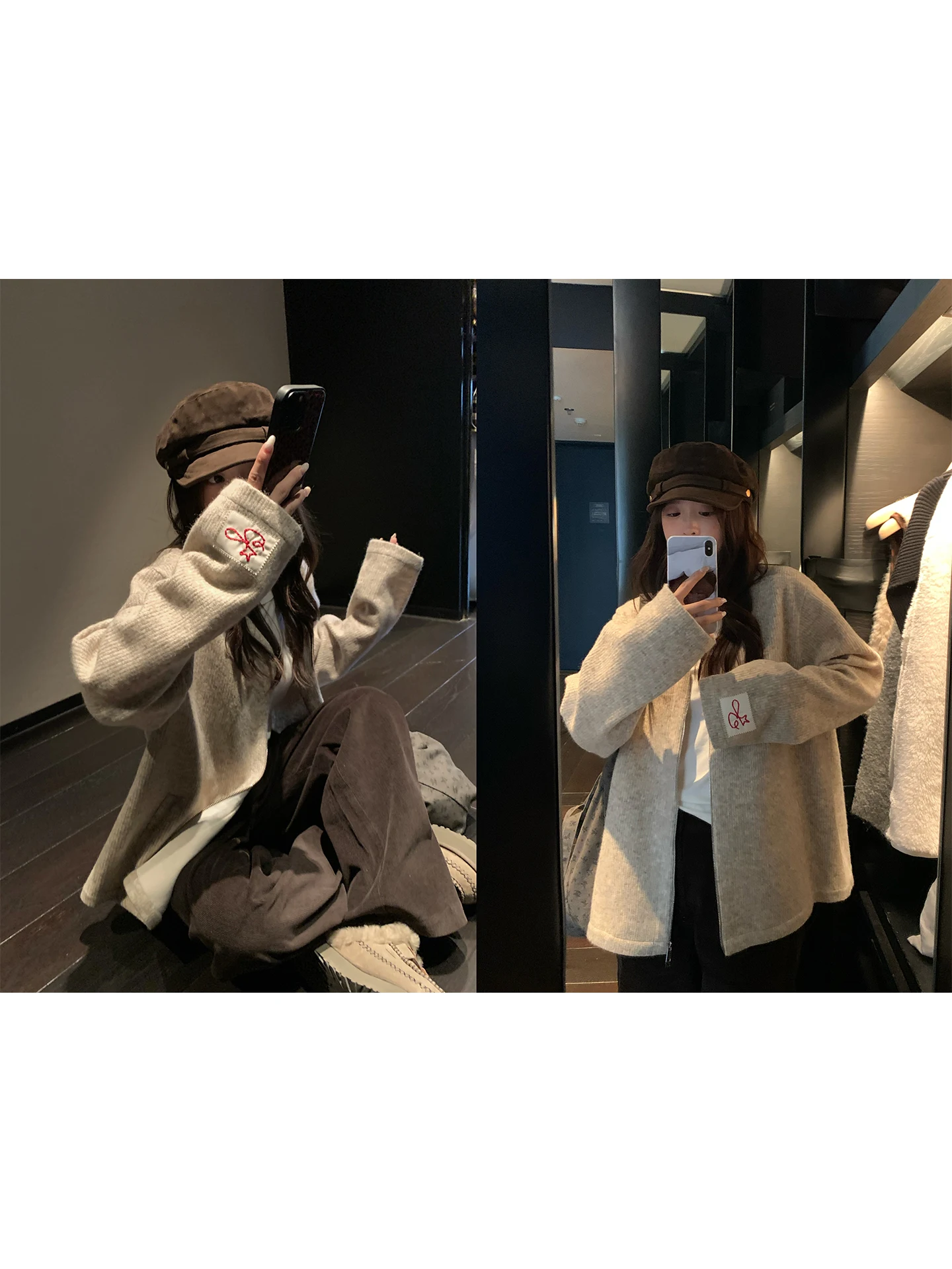 

Женский свободный повседневный кардиган с V-образным вырезом, корейский стиль, короткое пальто на молнии, длинный рукав, цветной