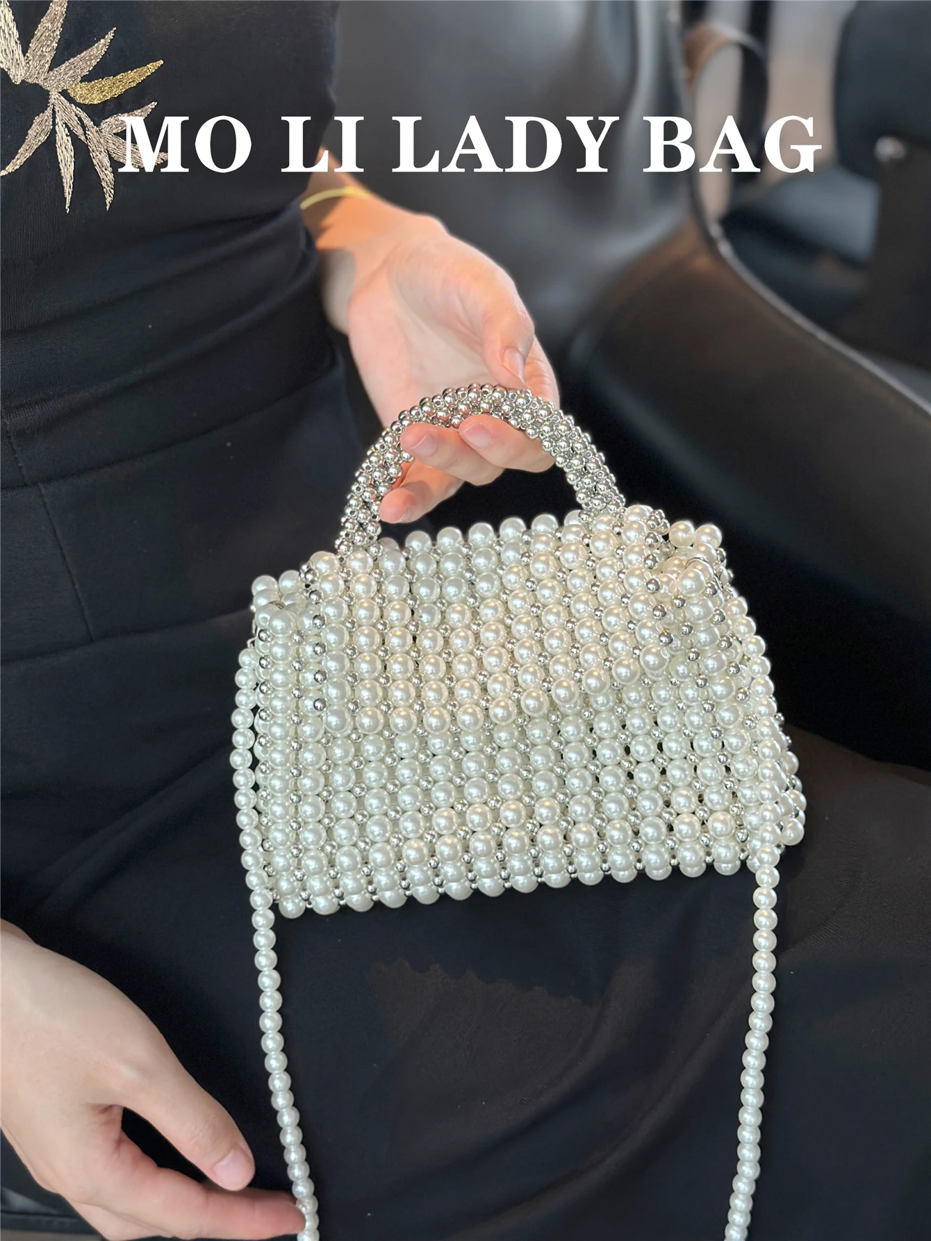 Handcrafted Acrylic Magnetic Clasp Pearl Beaded Woven Shoulder Crossbody Bag Ladies Casual Elegant Square Handbag