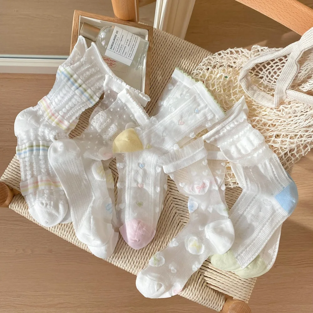 Socks Women Summer Ultra-thin Transparent Crystal Silk Socks Multicolor Striped Polka Dot Japanese JK Lolita Kawaii Ruffle Socks