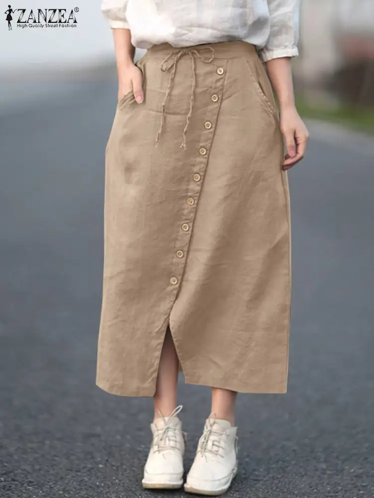 ZANZEA 2023 Autumn Vintage Elastic Waist Solid Midi Skirts Women Casual Split Hem Party Skirt Retro Cotton Faldas Saia Work Jupe