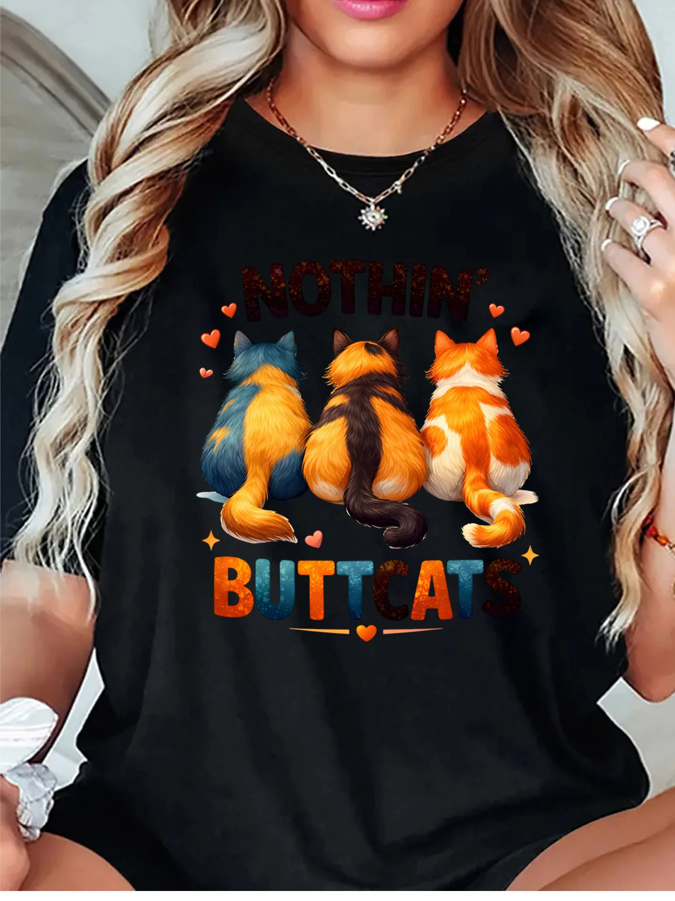 Nothin Buttcats Three Cute Cat Back View Heart Graphic Womens T Shirt Short Sleeve Crew Neck Funny Pet Casual Ladies Tee Tops
