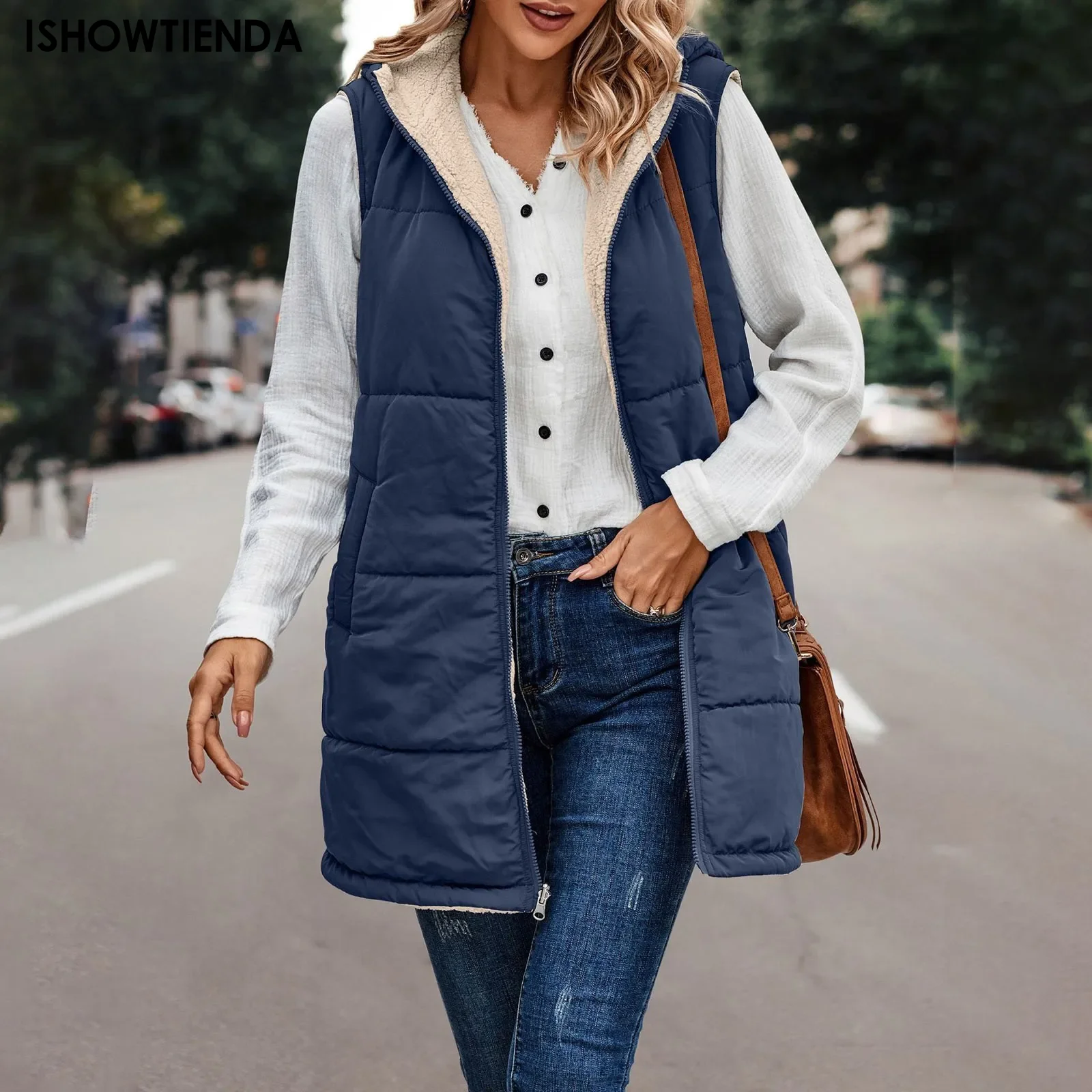 Gilet invernale da donna in pile con cappuccio reversibile senza maniche giacca da donna in finta lana gilet moda Street abbigliamento donna giacca