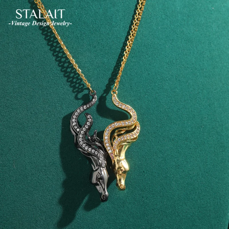 Vintage Bull Head Pendant Necklace Black Gold Color Two-Tone Chain Rhinestone Accessories Mothers Day Gifts 2025 Trends