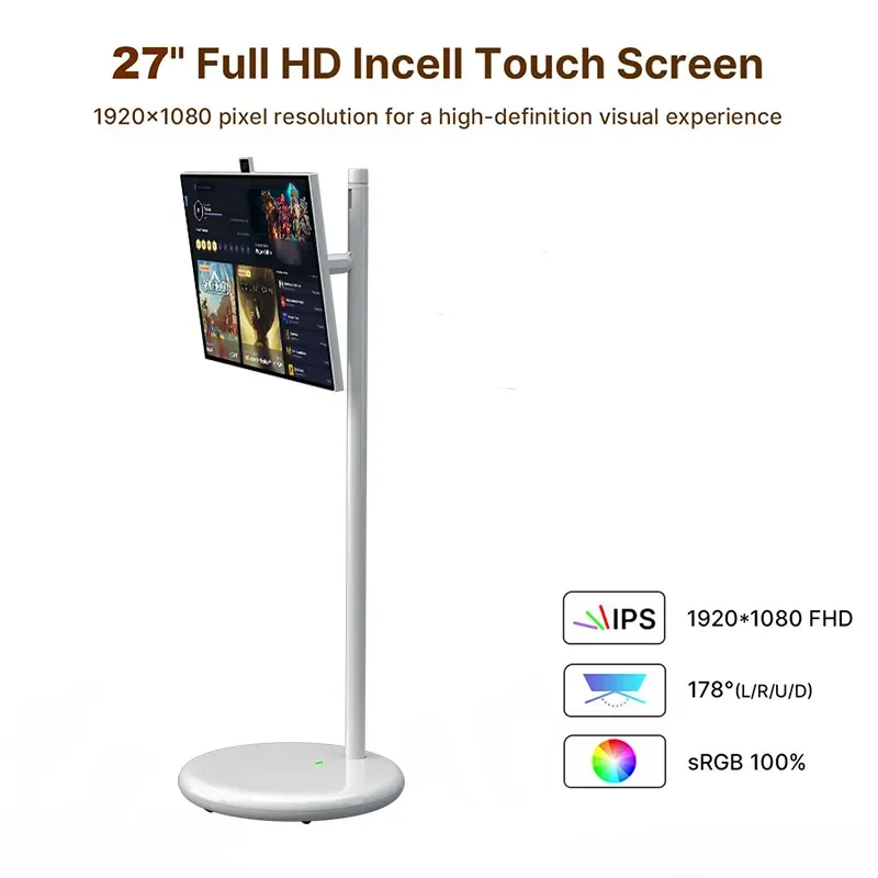 JEESTON 27 pouces Portable Smart Home TV Android13, écran tactile IPS hauteur réglable Style libre mouvement intégré 8MP caméra cachée