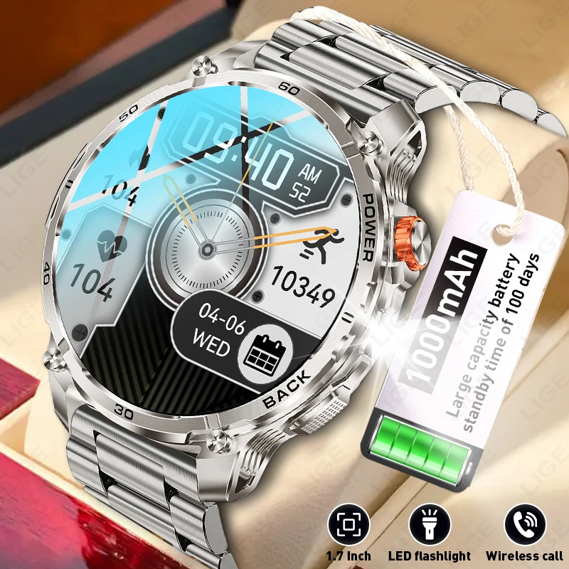 

New 1000mAh Super Battery Smartwatch Men LED Flashlight 1.70‘’ Large Screen Bluetooth Call Outdoor Sports Waterproof Smartwatch