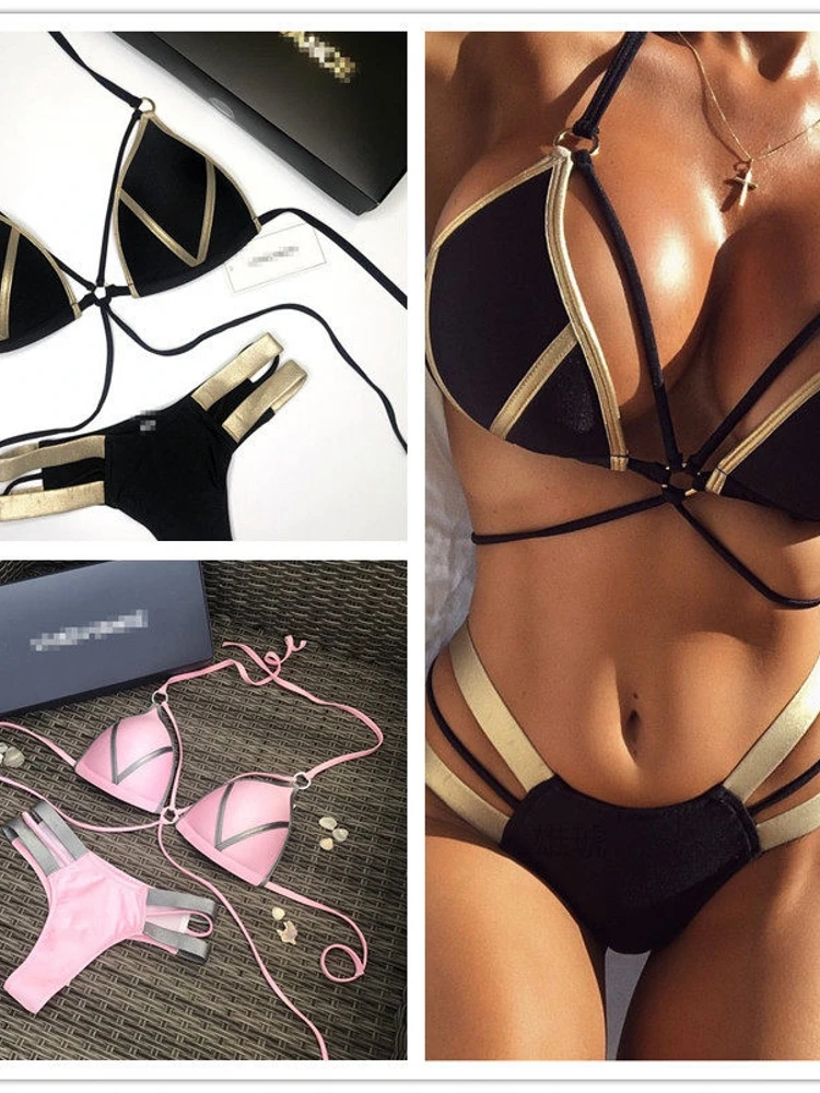 

Sexy Bikini Swimsuit for Women Gold Embossing Patchwork Separate Surfing Suit Casual Polyester Material with Chest Pad