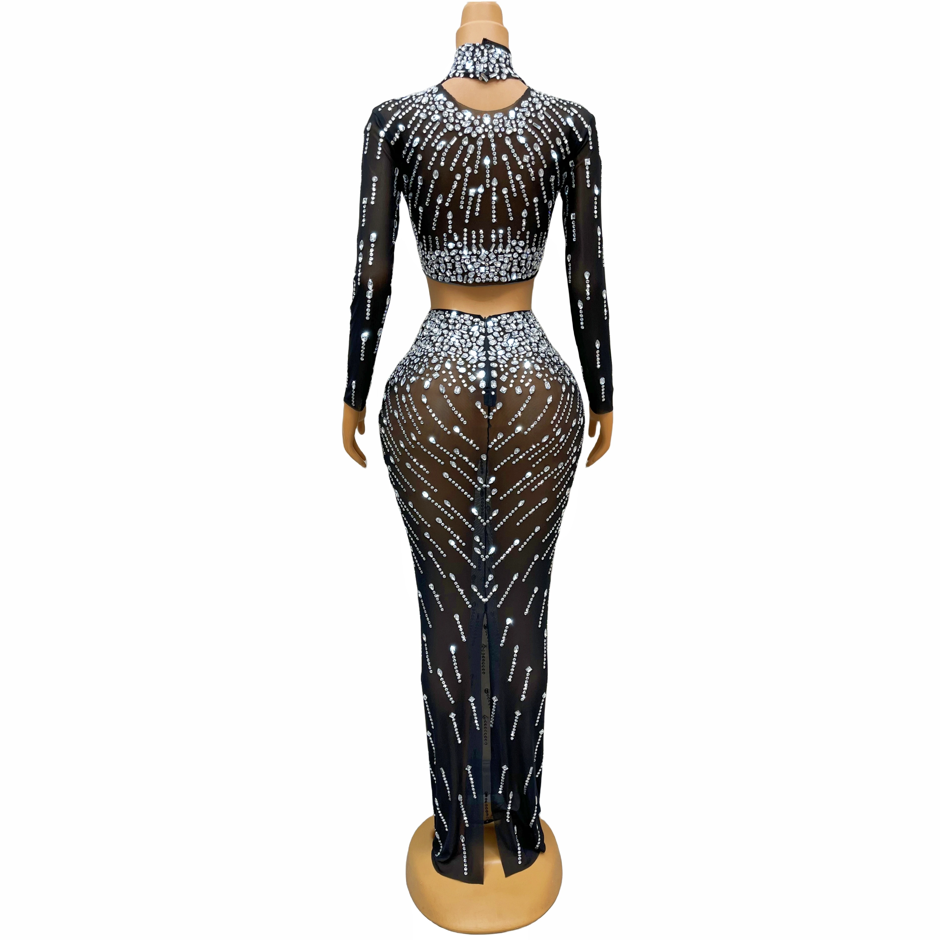 Black shiny silver rhinestone two-piece long sleeve top skirt birthday celebration sexy costume costume show huoshu