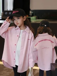 2024 Spring and Autumn Pink Soft Denim Pure Cotton Shirt Girl's Denim Top Coat Trendy Children's Spring and Autumn Clothing