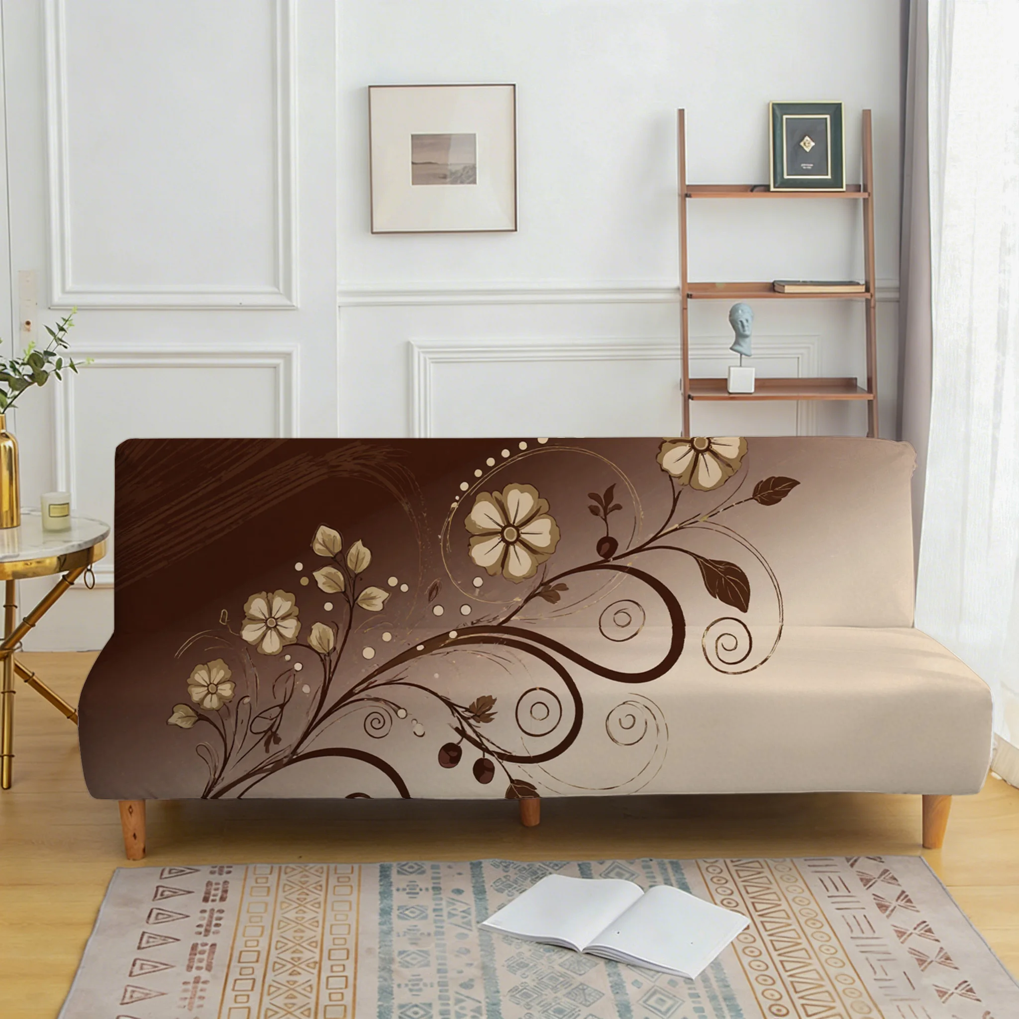 Brown tone vine man flower elastic sofa bed cover, living room sofa bed cover, dustproof machine washable sofa bed cover