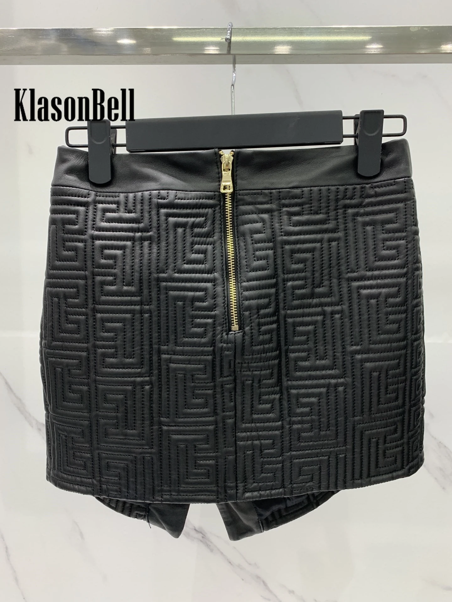 3.14 KlasonBell Sheepskin Split Short Skirt Women Vintage Geometric Embroidery Gold Button Asymmetrical Real Leather Skirt