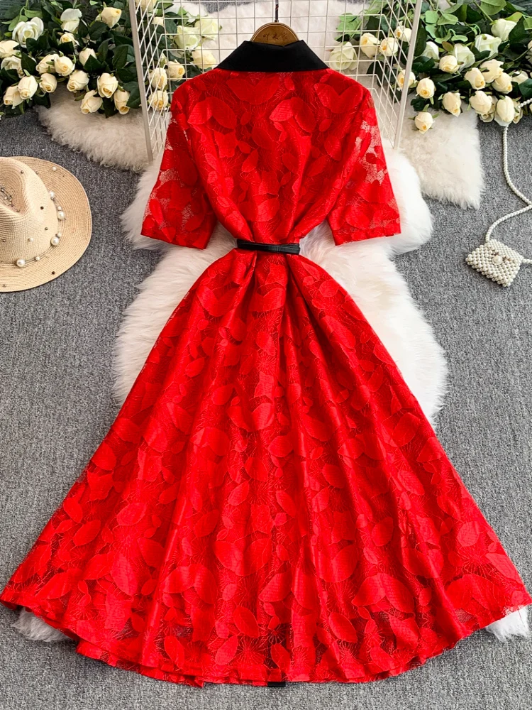 Vestido E de Renda com Cintura Alta, Estilo A-Line, Com Botão Único, Vestido Longo Slimming, Estilo Coreano, Vestido d...