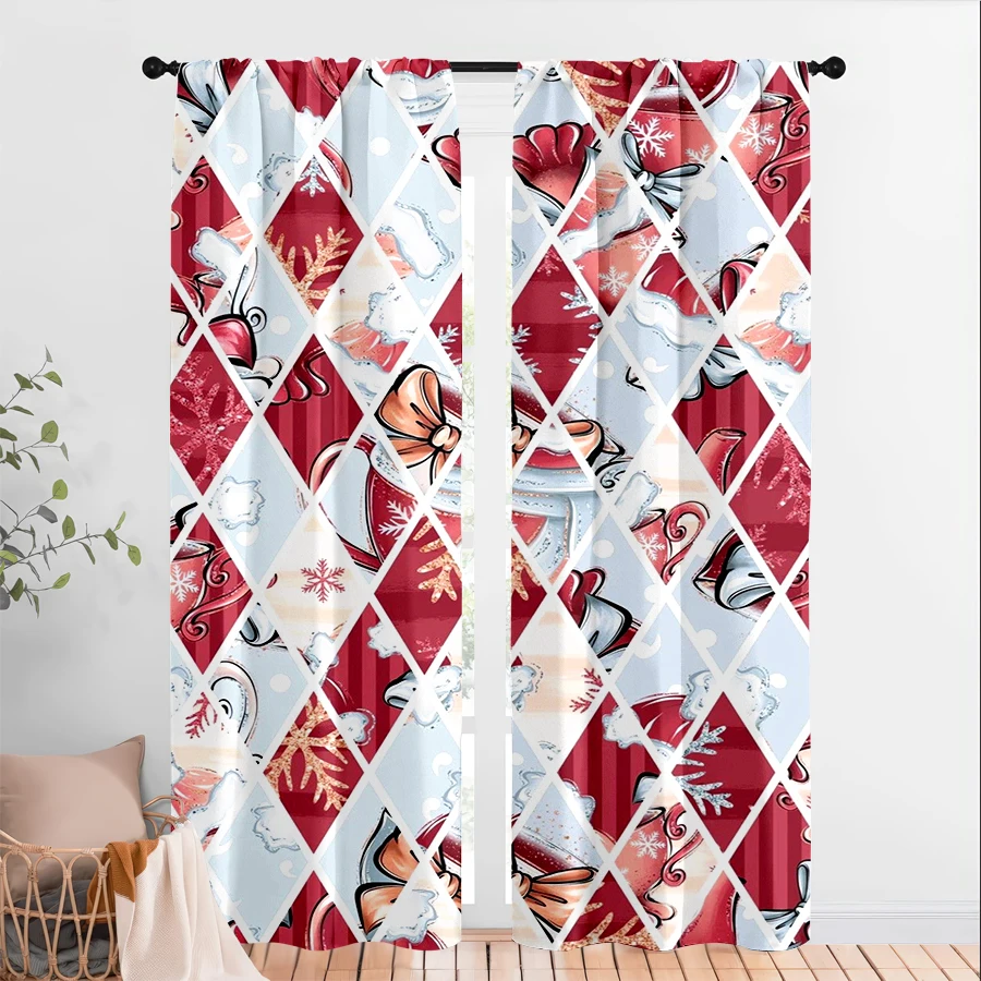 2PCS Christmas Curtains, Argyle Snowflake Bows, Digital Print, Bedroom Living Room Kitchen, Rod Pocket Polyester, Home Decor