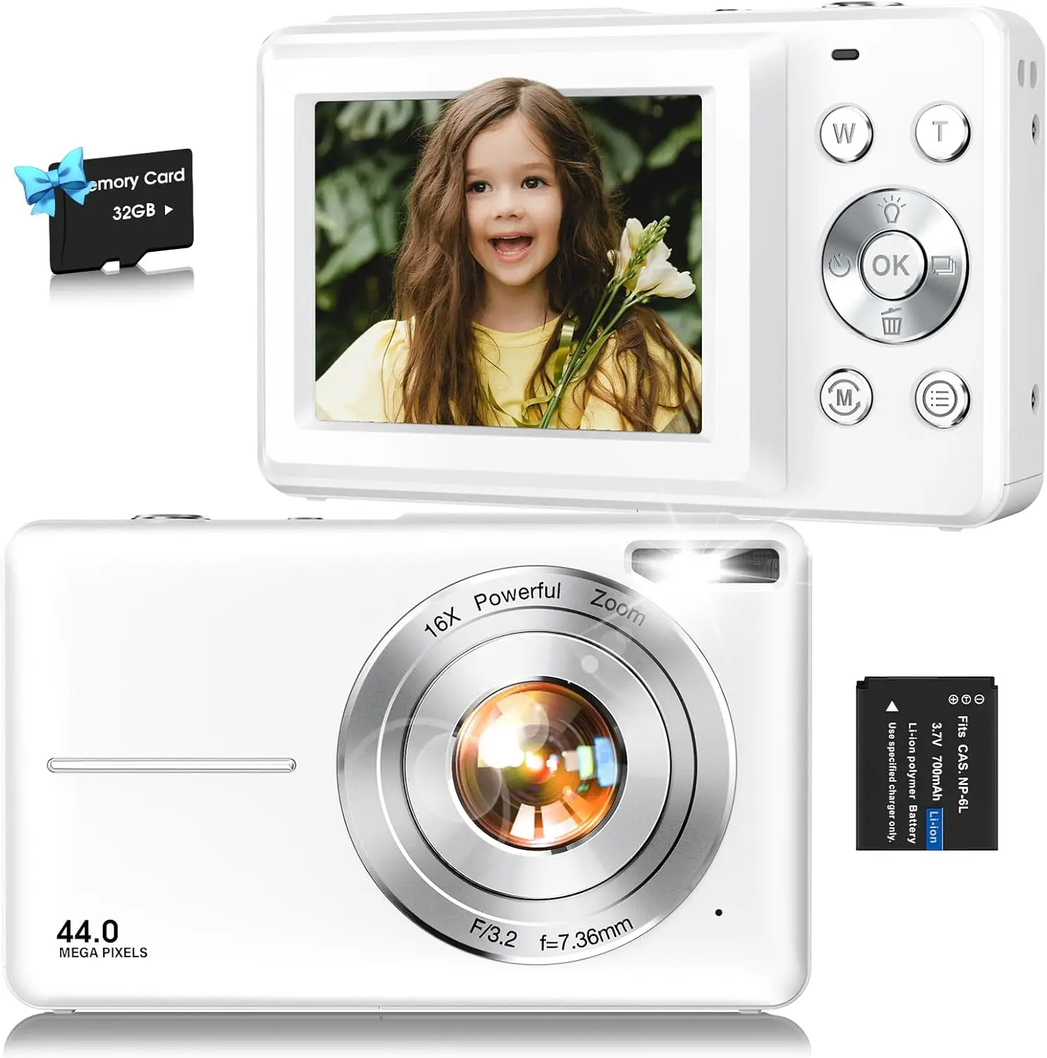 

FHD 1080P Kids Digital Camera with 32GB Card, 44MP, 16X Zoom, Anti-Shake for Children and Teens