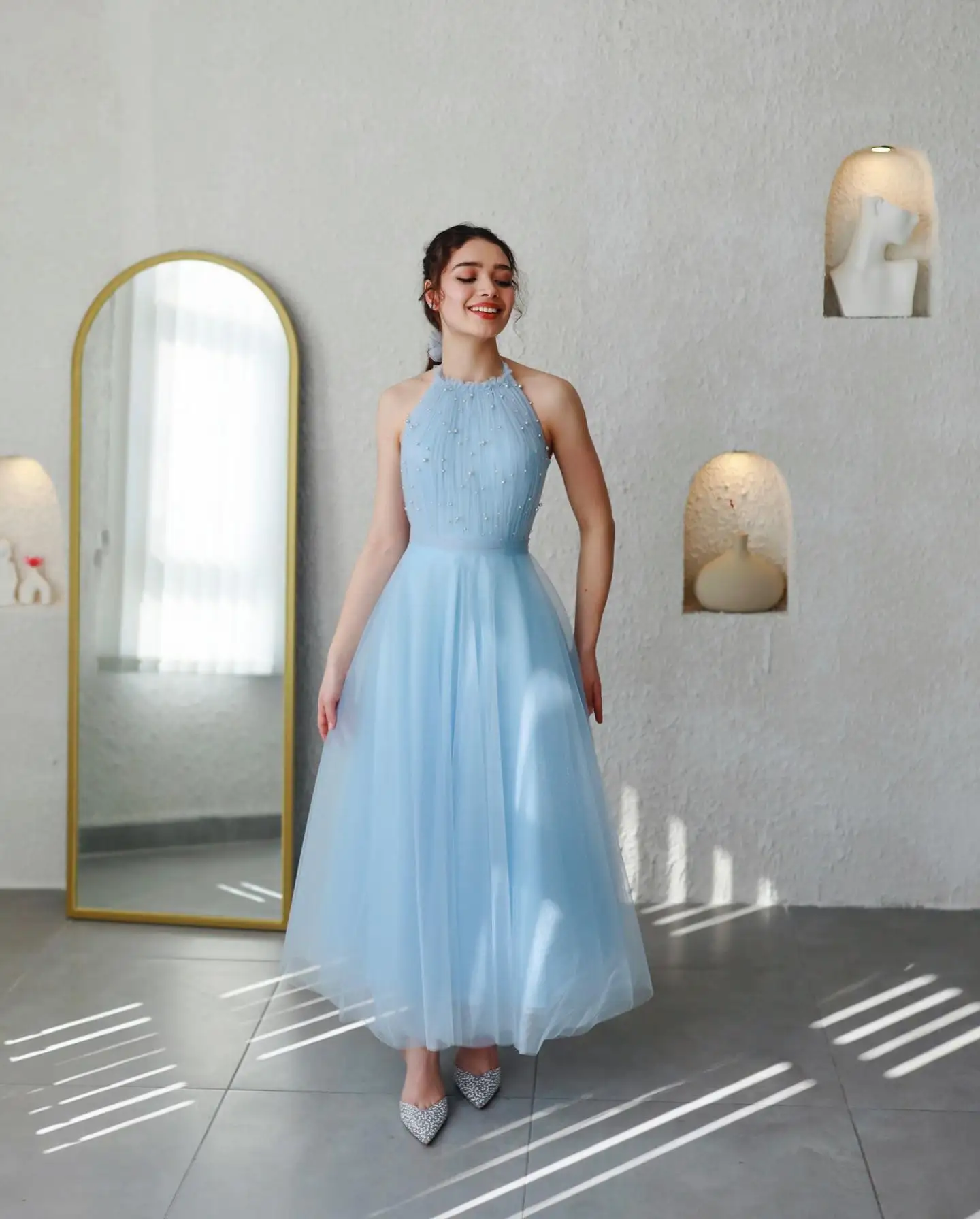 Newest Ruched Sky Blue Tulle Dress Turtle Neckline Peals Long Evening Dresses Girls Homecoming Dress Bridesmaid Dress Tulle Robe