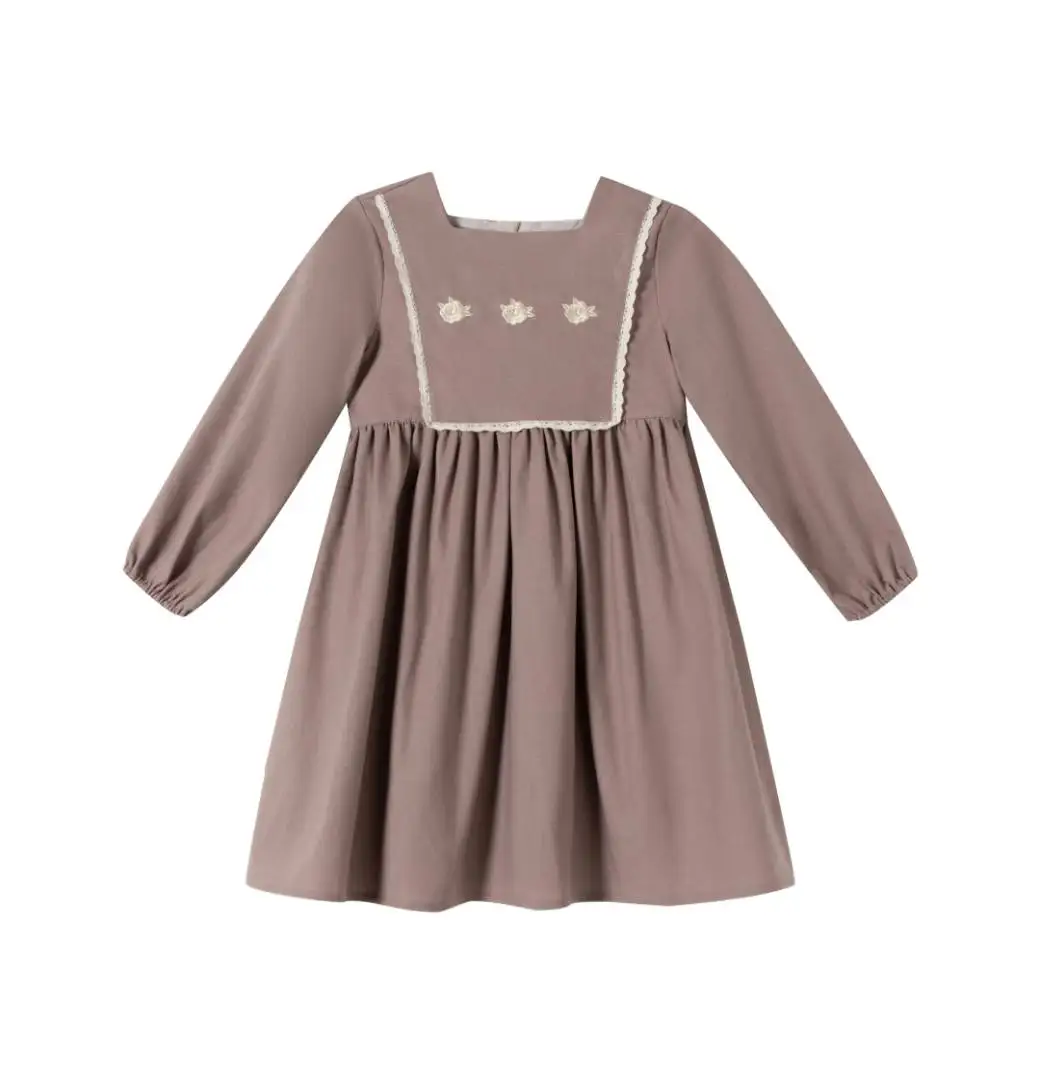 

Kids Cotton Linen Clothes Sister Matching Outfits Flower Embroidery Dress With Lace Clothing For Autumn Spring