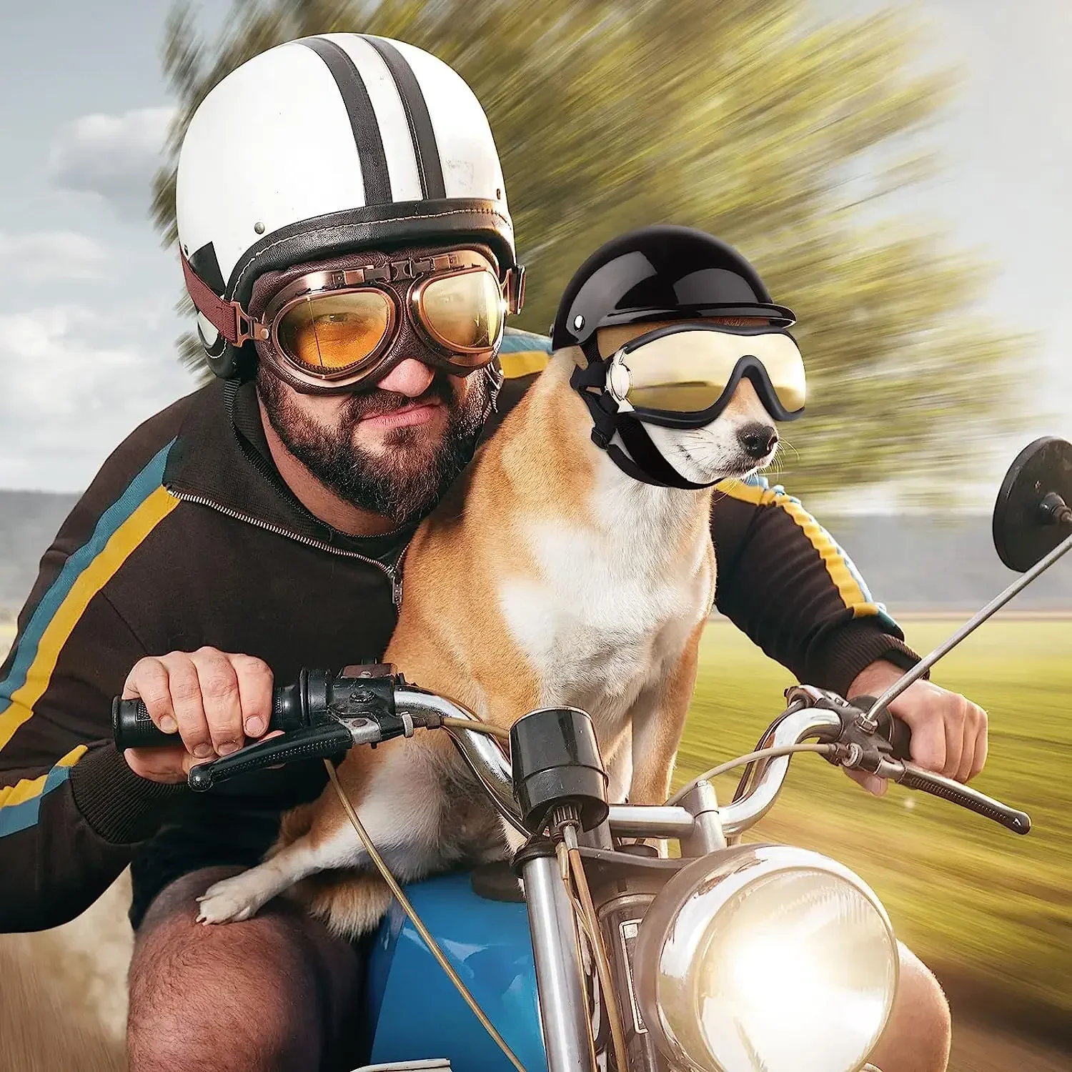 Dog Sunglasses and Pet Helmet Set,Dust Wind UV Protection Dog Glasses Dog Helmet and Goggles Adjustable Dog Motorcycle Helmet