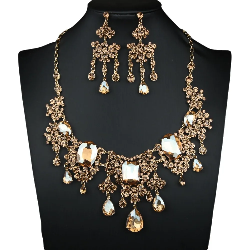 Fashion Elegant Rhinestone Jewelry Set Shiny Baroque Necklace Earrings Set Classic Luxury Women's Jewelry Set Outfit Accessory