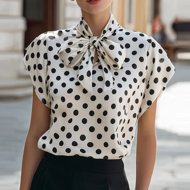 Summer Short Sleeve Women Shirt Blouses Turn Down Collar Bow Design Patchwork Color Office Lady Shirt Tops Female Fashion Blouse - view 5