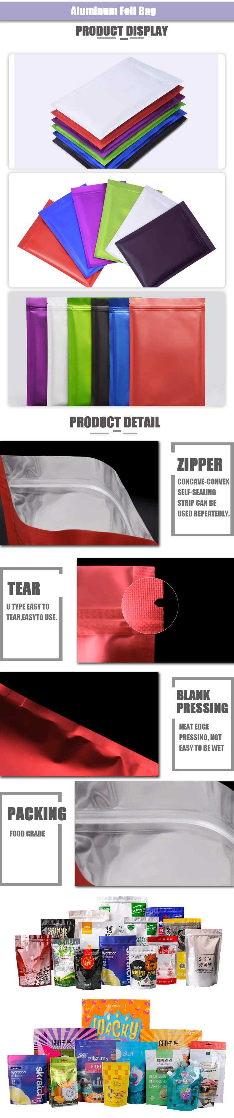 Individuell bedruckte Matti erte Mylar Aluminium folie Flach reiß verschluss Paket, Kaffee Tee Zucker Aufbewahrung beutel – Detail 1