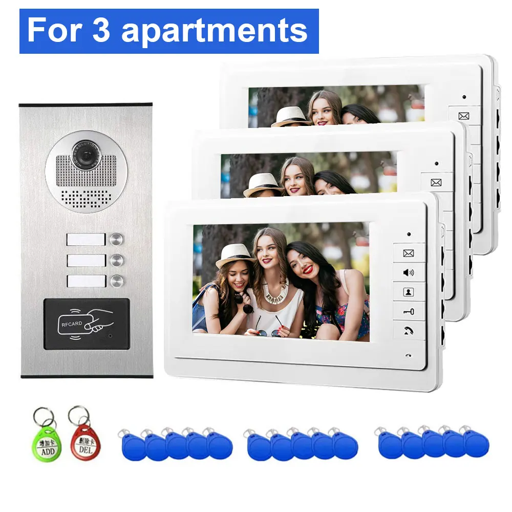 

2 / 3 Units Apartment Video Intercom System 7 Inch Monitor 4 Wired Video Doorbell Door Phone Outdoor IR Camera ID Keyfob Unlock