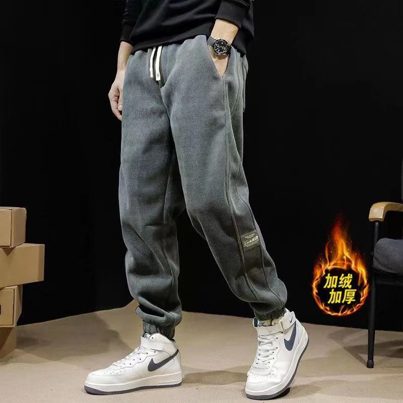 

Autumn Winter Male Loose Casual Fashion Corduroy Pants Homme Solid Color Elastic Waist Lace Up Sweatpants Men Necking Trousers