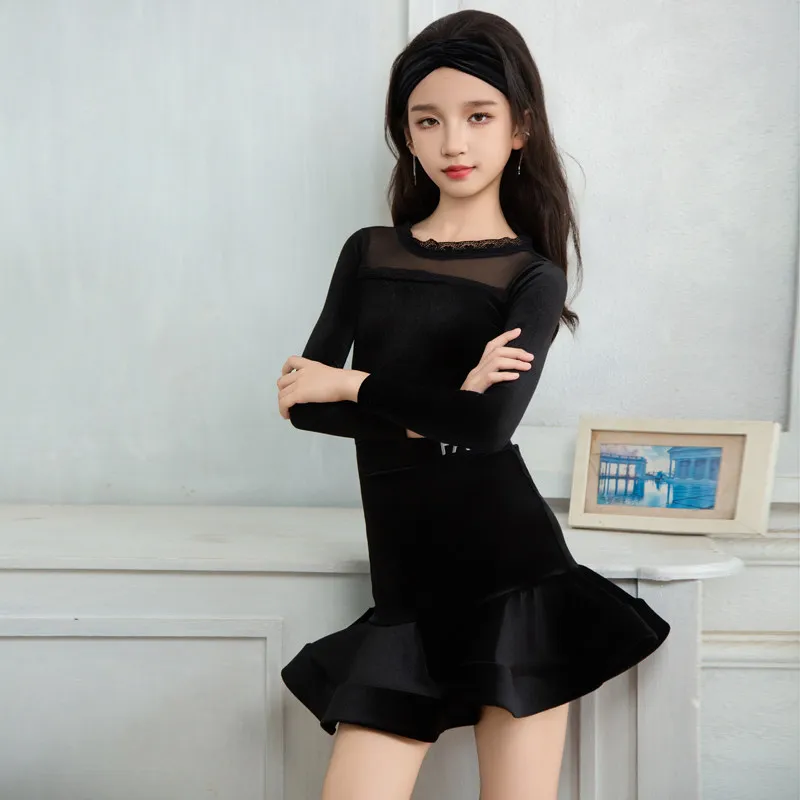 

2 Piece Girls Latin Dance Dress, Black Velvet Long Sleeve Mesh Lace Neck, Ruffle Skirt for Ballroom Competition Performance