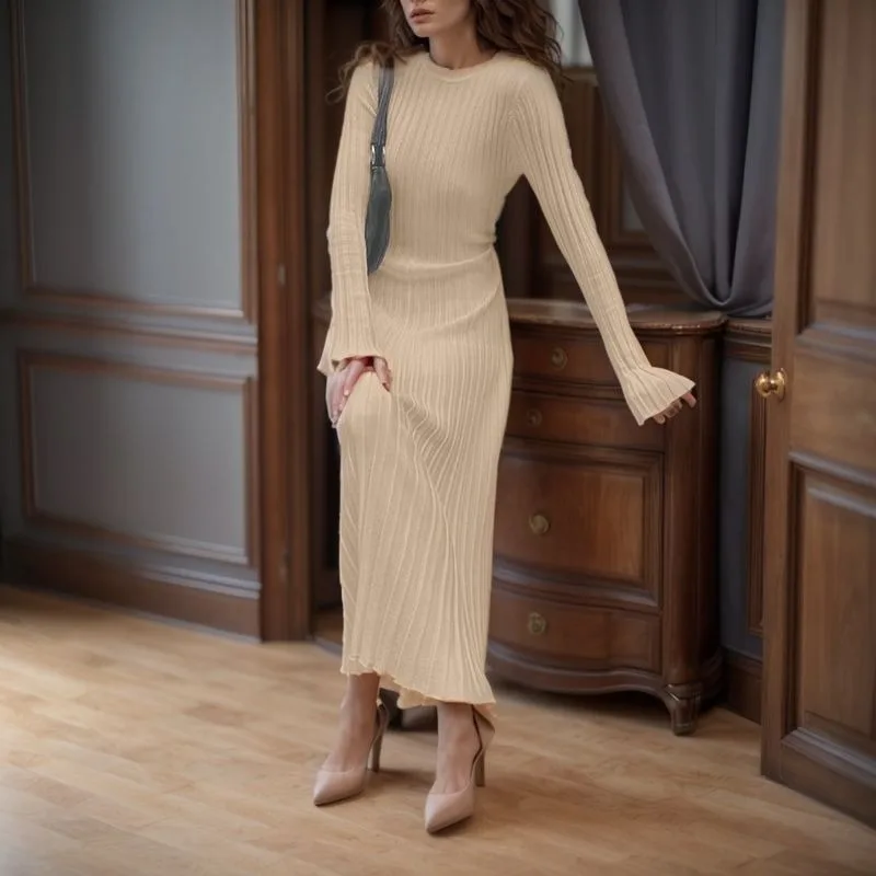 Spring/Summer Knitted Long Dress Casual Waist round Neck Large Pit Strips Women's Slimming Knitwear 2026 New Fashion