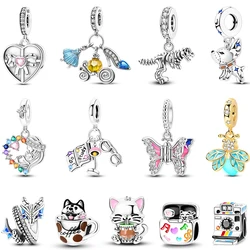 S925 Sterling Silver Chocolate Camera Firefly Dog Cat Skeleton Charms Beads 3mm DIY Fine Jewelry Gifts