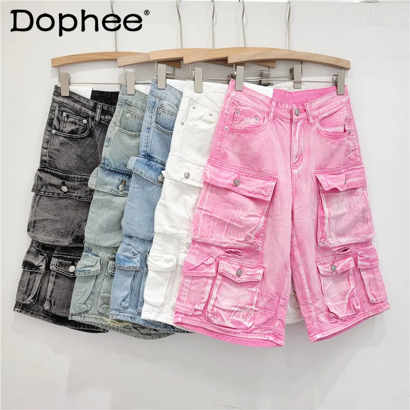 High Street Heavy Industry Multi-pocket Ripped Washed Denim Shorts Women Spring  Summer Loose Cropped Overalls Women Shorts