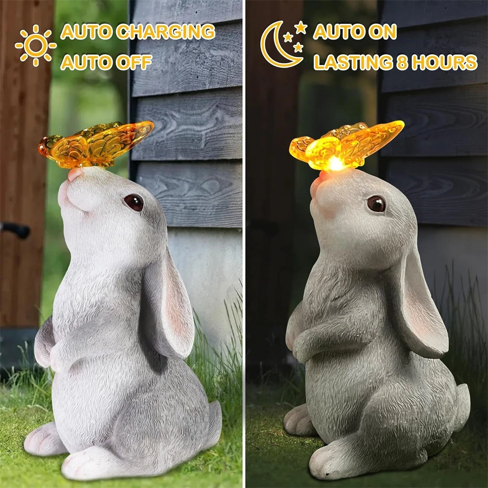 Outdoor Bunny Figure with Solar Powered Flower Light Waterproof Rabbit Sculpture Cute Bunny Ornament for Patio Yard Lawn Porch