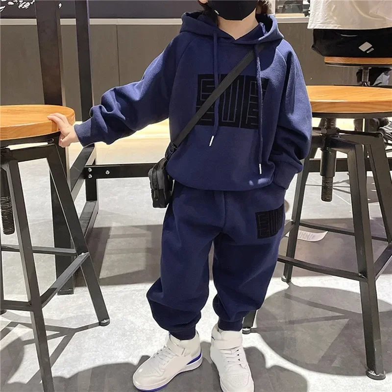 Children Winter Plus Velvet Warm Pullover Tops+Pants 2pcs Set Boys Girls Cotton Sweatshirts Sports Casual Clothes Suit 3-12Y