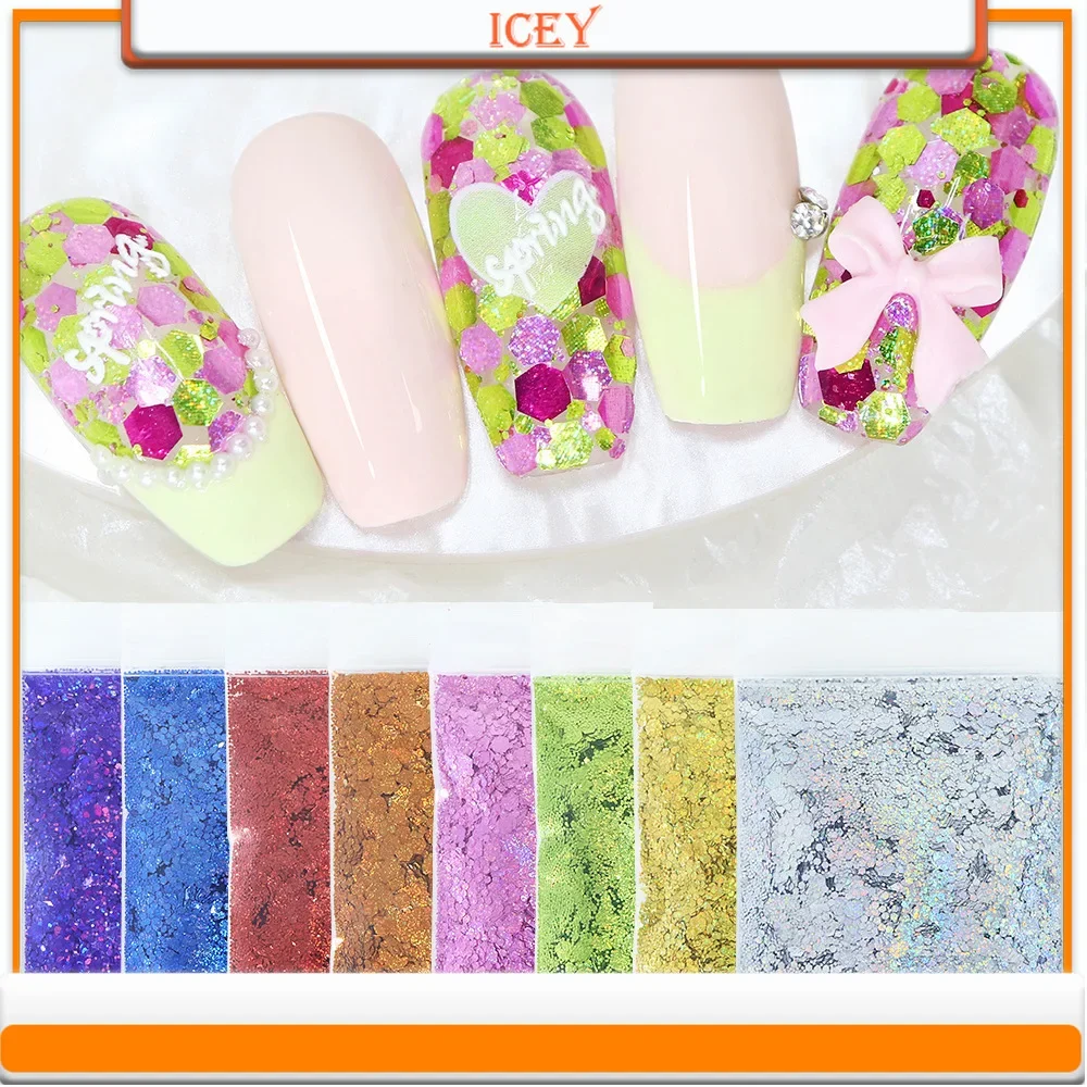 Icey Beauty 10g Bagged Explosive Flash Radium Shooting Star Point Nail Glitter Colorful Hexagonal Nail Glitter Accessory