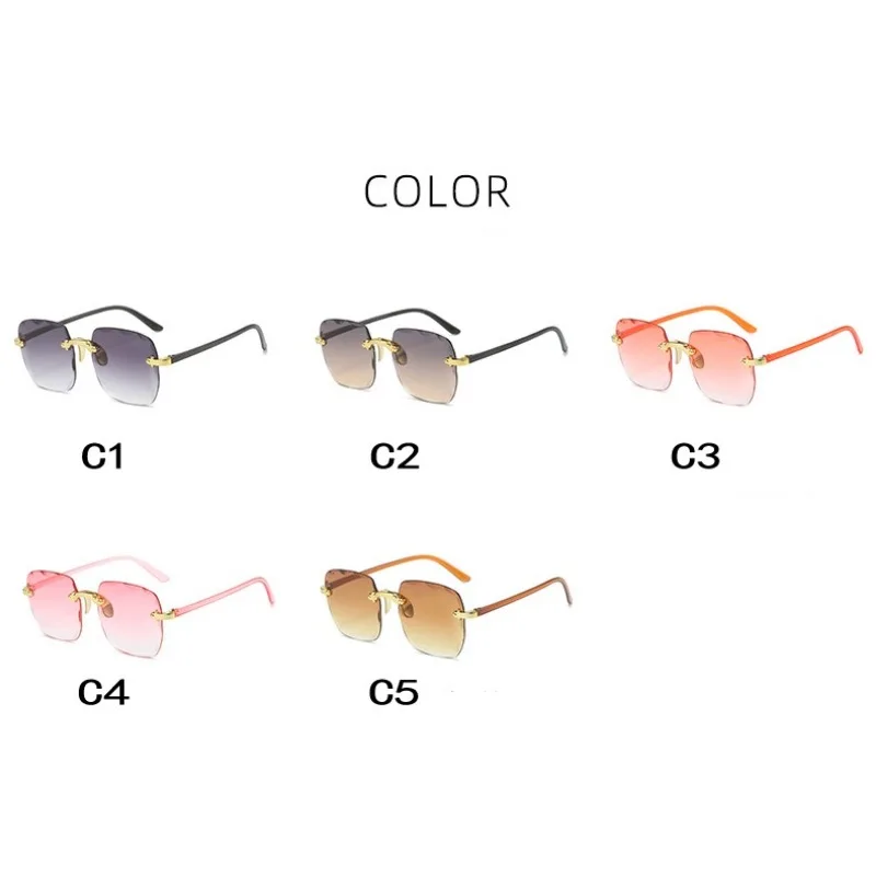 แว่นกันแดดทรงสี่เหลี่ยมไร้กรอบสไตล์วินเทจสำหรับผู้หญิง แฟชั่นหรูหรา ขนาดใหญ่ แว่นกันแดดผู้หญิงสไตล์เรโทร สีชมพู ดำ ไล่เฉดสีแบบกระจก